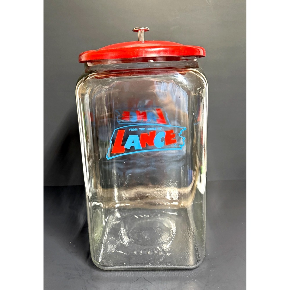 Vintage Lance Glass Display Counter Cracker Jar w Original Red Lid, Knob 14.75"